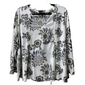 New Directions XL Floral V-Neck Pintuck Blouse Boho Cottagecore Stretch Top